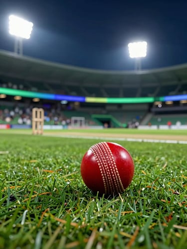 Low-angle dynamic action shot of a red leather cricket ball seam resting on green grass turf under bright stadium floodlights