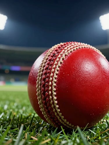 Close-up macro crop of a red leather cricket ball resting on green stadium turf under floodlights, sharp details of the seam, 35mm lens