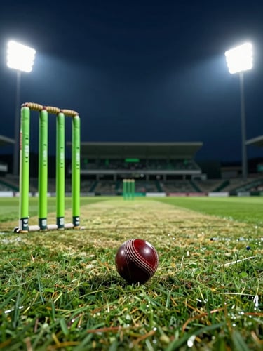 Low-angle dramatic sports photography of a leather cricket ball hitting a turf pitch under intense stadium floodlights, deep midnight blue and neon green tones, sharp action shot, 35mm lens