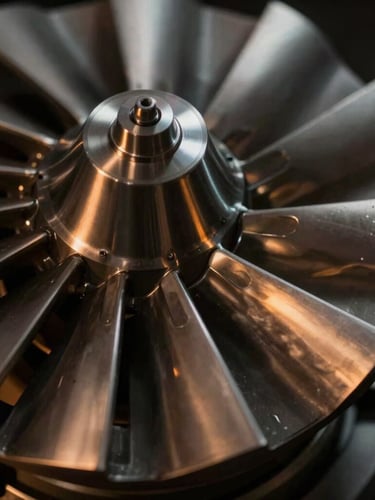 Macro detail of a titanium aerospace turbine blade, dramatic low-key lighting, warm amber highlight on the polished edge, deep shadows.