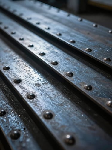 Extreme close-up macro shot of heavy industrial steel plates with visible rivets, low-key dramatic chiaroscuro lighting, cold steel-blue highlights, deep shadows.
