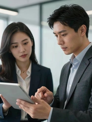 Medium close-up of two professionals collaborating over a tablet in a bright, modern corporate office with cool daylight.