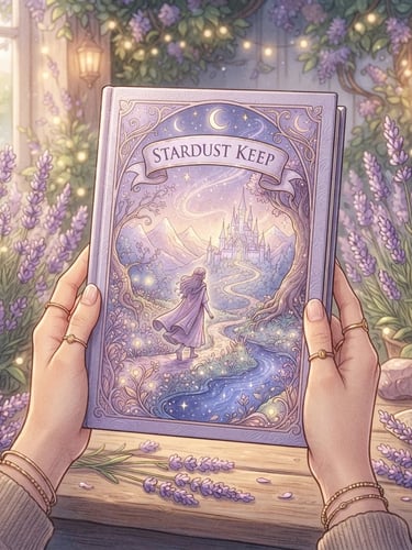 A beautiful hand-drawn digital illustration of a fantasy book cover mockup held by soft hands, delicate linework, soft lilac and pastel tones, cozy magical lighting, lavender flowers in the background
