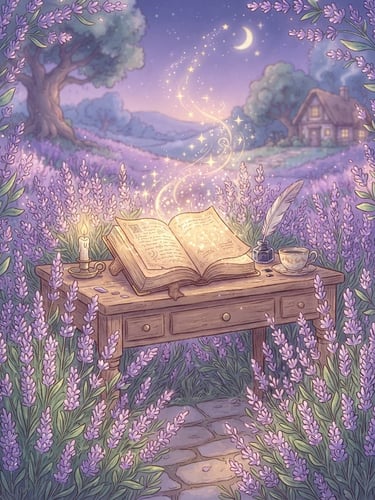 Soft dreamy digital illustration of a cozy writing desk surrounded by lavender flowers, a glowing book open with magical sparkles rising, soft purple lighting, hand-drawn style