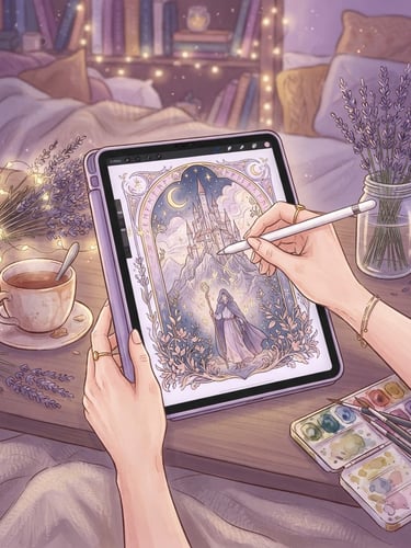 Soft dreamy digital drawing showing hands sketching a fantasy book cover on a tablet, soft lilac lighting, delicate linework, cozy setup with lavender flowers