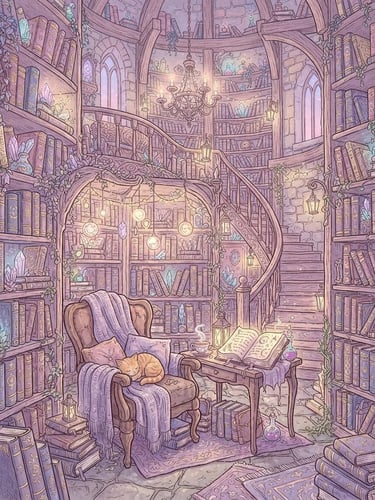 Close-up of a hand-drawn digital illustration of a magical library in soft lilac and pastel tones, whimsical fantasy aesthetic, delicate linework, cozy magical lighting