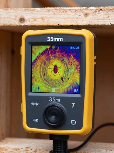 Professional utility photography of a thermal imaging camera screen displaying heat signatures of a subterranean termite nest inside structural wood, sharp focus, 35mm