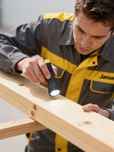 Professional utility photography of a technician in a clean Jansen uniform inspecting a wooden beam with a flashlight, bright daylight, high-contrast yellow and charcoal tones, sharp focus, 35mm