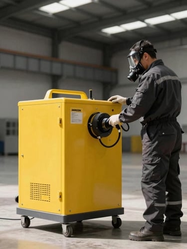 Industrial warehouse interior with high ceilings, a technician in a dark Jansen uniform and protective respirator operating professional fumigation equipment, high contrast daylight.