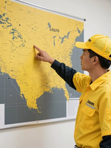 A professional Jansen pest control technician in a clean branded uniform pointing at a large physical map of Leyte on a bright office wall, high-contrast yellow and charcoal tones, sharp focus, 35mm