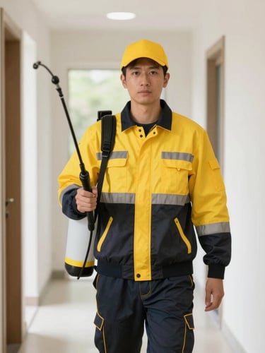 A professional Jansen pest control technician in a clean branded uniform holding a professional spray applicator in a bright, modern residential hallway, high-contrast safety yellow accents, 35mm photography