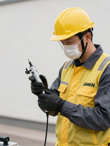 A professional pest control technician in a clean Jansen uniform with protective gear, operating modern injection equipment in bright daylight, high-contrast yellow and charcoal tones, sharp focus, 35mm