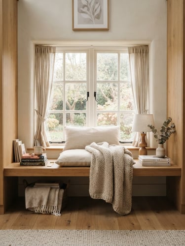 Straight-on architectural shot of a styled reading nook with a built-in oak ledge, soft morning daylight, warm neutral tones