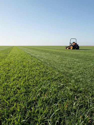 Wide environmental shot of a lush sports field under midday natural light, a zero-turn mower working across striped turf in the far right third, open sky visible above, soil-level perspective from the left side showing dense healthy grass blades