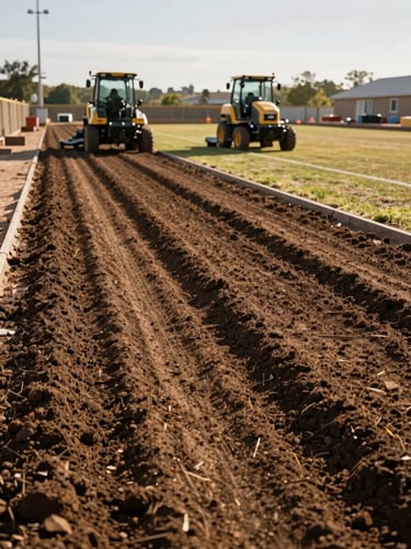 Wide environmental shot of a sports field renovation in progress—zero-turn mowers visible in the midground, freshly aerated turf rows in sharp foreground detail, late-afternoon natural light raking across the surface to reveal soil texture, industrial maintenance equipment silhouetted against an open sky