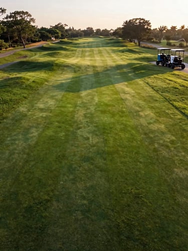Wide aerial survey of a lush golf course fairway at golden hour, sweeping green turf extending toward the horizon, maintenance equipment parked at the far right edge, warm low-angle natural light raking across the grass texture, shot from above and slightly to the right