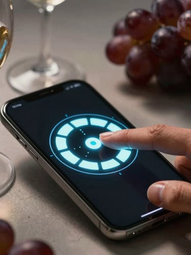 Macro shot of a finger touching a glowing digital sensory wheel on a mobile screen, surrounded by wine glasses and dark grapes, dramatic side-lighting.