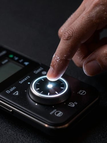 Extreme close-up of a hand with flour-dusted fingers tapping a glowing, high-contrast digital dial on a dark mobile interface, moody side-lighting, deep shadows.