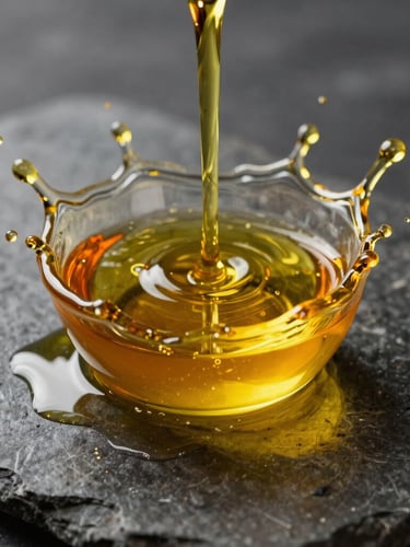 Extreme close-up macro shot of vibrant golden olive oil splashing onto a dark stone surface, high-contrast side-lighting, ultra-saturated orange and yellow tones