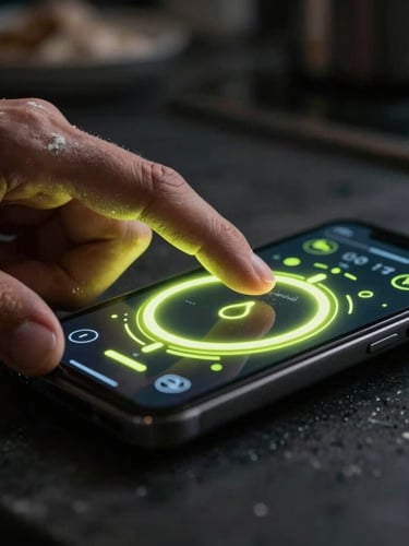 Dynamic close-up angled shot of a hand with flour-dusted fingers tapping a glowing, neon-lime digital dial interface on a mobile screen, moody dramatic side-lighting, deep shadows, dark kitchen background.