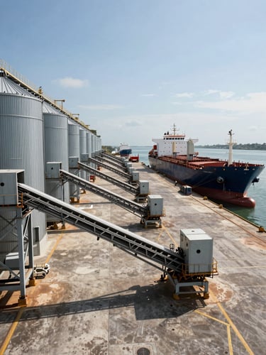 Wide panoramic view of a Brazilian grain port terminal, bulk cargo conveyors and silos stretching left across the frame, a bulk carrier vessel docked at right, harsh midday industrial light, concrete and steel in foreground