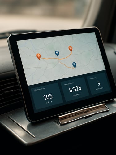 Close-up of a logistics dashboard tablet screen showing real-time fleet tracking map and cargo weight metrics, placed on a metal clipboard resting on a truck dashboard, natural daylight from cab window, precise documentary framing
