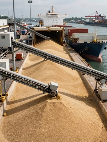 Wide documentary shot of a grain port terminal dock, bulk cargo conveyor belts active over a cargo ship hold, overhead natural daylight, no people in focus, industrial scale visible