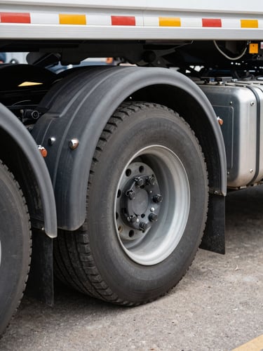 Tight close-up of a heavy truck's fifth-wheel coupling and trailer connection, concrete yard surface below, natural midday light, industrial steel detail in sharp focus