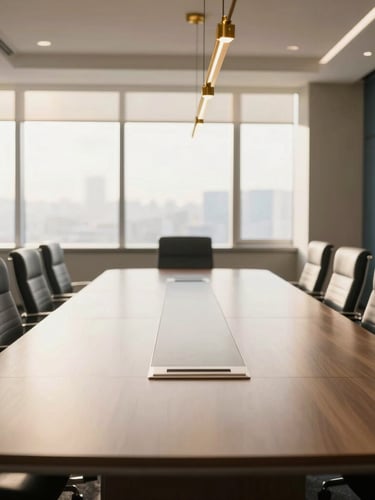 Wide panoramic shot of a perfectly aligned, sunlit corporate boardroom, soft morning window light, polished brass fixtures, deep slate accents, warm editorial photography, 35mm.