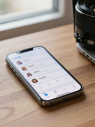 Bright modern smartphone displaying a clean mobile application interface on a wooden desk, soft natural light from a window, professional and clear setup.