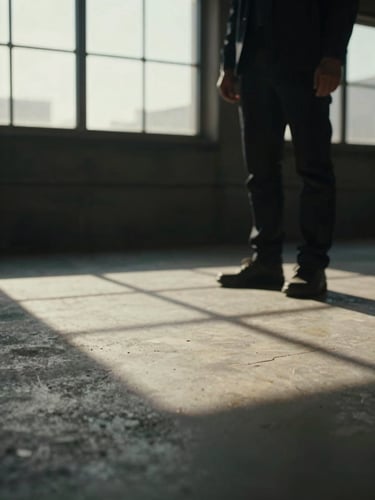 Close crop of a film still — a figure silhouetted against a warehouse window, late afternoon light cutting across concrete floor in sharp raking bars, shallow depth of field, cinematic grain