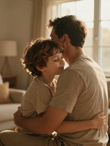Warm editorial photography of a father gently embracing his young son in a sunlit living room, golden-hour window light, soft earthy tones, shallow depth of field, 35mm