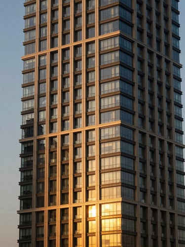Abstract architectural detail of a luxury modern residential tower in Dubai Marina, warm golden-hour sunlight reflecting on premium glass and steel, 35mm