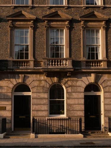 Grand historic Portland stone townhouse facade in Mayfair, warm golden hour sunlight, rich deep tones, sharp focus, 35mm.