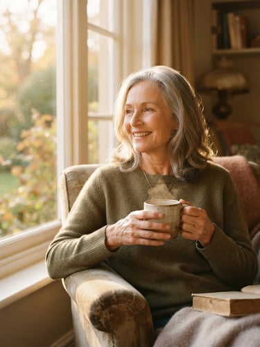 Warm editorial photography of a mature woman smiling serenely by a sunlit window, holding a warm cup of tea, soft golden-hour light, elegant muted earth tones, shallow depth of field.