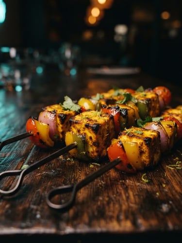 Close-up of gourmet saffron paneer skewers on a rich dark wooden table, soft teal neon reflection, shallow depth of field, 35mm