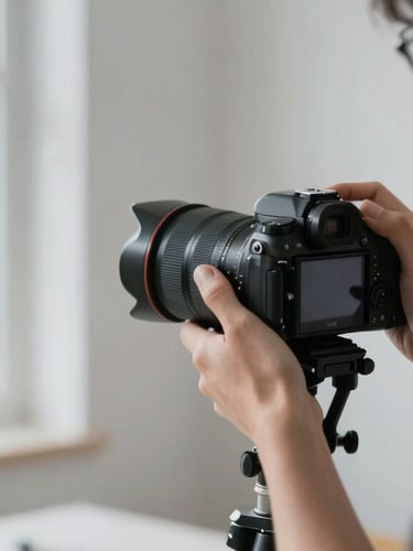 A focused creator adjusting a camera in a minimalist studio setup, soft natural window light, shallow depth of field, 35mm.