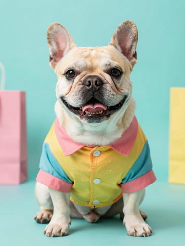Bright cheerful studio shot of a happy French Bulldog sitting wearing a colorful custom-tailored shirt, soft warm lighting, vibrant teal background accent, 50mm