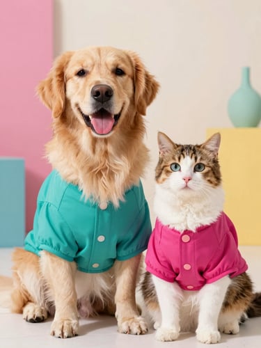 Vibrant studio pet photography, a happy golden retriever and a fluffy calico cat sitting side-by-side wearing matching custom-tailored teal and magenta modern shirts, warm natural daylight, soft colorful background, shallow depth of field, 50mm
