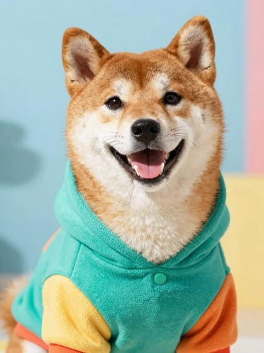 Close-up of a happy Shiba Inu wearing a colorful handcrafted teal hoodie, bright natural daylight, soft colorful background, 50mm