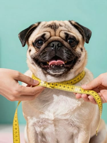 Close-up of hands gently measuring a happy pug with a soft yellow measuring tape, bright natural daylight, colorful teal background, 50mm