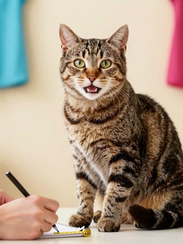 A happy tabby cat sitting calmly while a tailor's hands note down measurements, soft indoor studio lighting with warm undertones, 50mm
