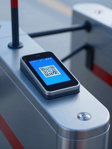 Close-up of modern smart turnstile gates with an integrated QR validation screen glowing blue, sharp focus, cool daylight, 35mm lens
