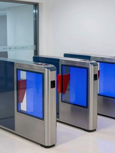 Sleek modern turnstile gates in a clean corporate lobby with blue screen glow, sharp 35mm lens, daylight.