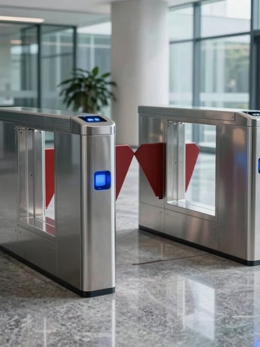 Eye-level perspective of sleek stainless steel smart turnstile gates in a modern corporate lobby, cool daylight streaming through glass, blue LED indicator lights reflecting on polished stone floor, sharp 35mm lens.