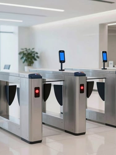 Sleek modern turnstile gates inside a bright, white corporate lobby, sharp red indicators, cool daylight, professional 35mm photography.