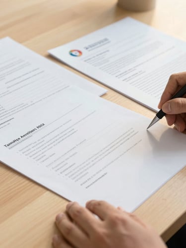 Close-up of hands organizing official Portuguese documents on a light wood desk, warm golden-hour daylight, professional and organized, 35mm lens