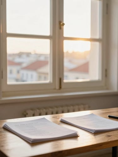 Warm editorial photography, bright natural daylight, Lisbon historic window with golden hour light reflecting on clean wooden desk with organized documents, 35mm lens