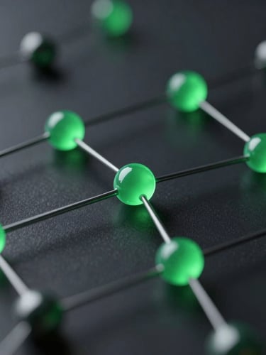 Sleek 3D render of abstract digital nodes, dark obsidian background, glowing emerald accents, cinematic depth of field