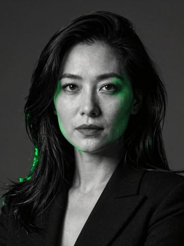 Dramatic high-contrast black and white studio portrait of a professional writer, sharp neon green rim lighting, low-key, sophisticated, 85mm lens